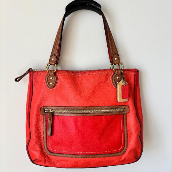 Coach 22430 Poppy Vermillion Shoulder Tote Bag Sun Orange Leather with Tan Trim - Picture 1 of 10